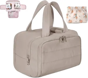 Elouva Toiletry Bag, Large Capacity Wide-Open Travel Makeup Bag, 4-in-1 Puffy Multi-functional Cosmetic Bags for Women, Portable Waterproof Open Flat Organizer Bags (Brown)