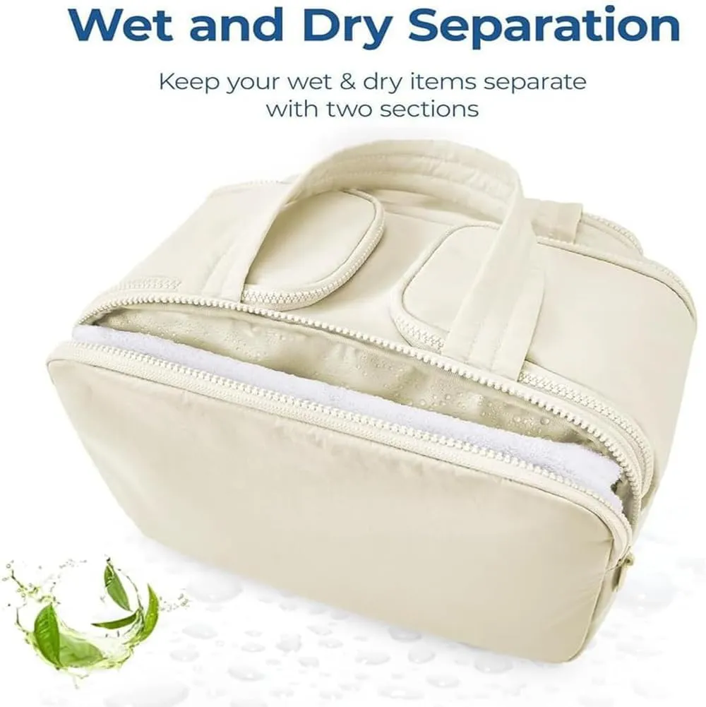 Elouva Toiletry Bag, Large Capacity Wide-Open Travel Makeup Bag, 4-in-1 Puffy Multi-functional Cosmetic Bags for Women, Portable Waterproof Open Flat Organizer Bags (Brown)