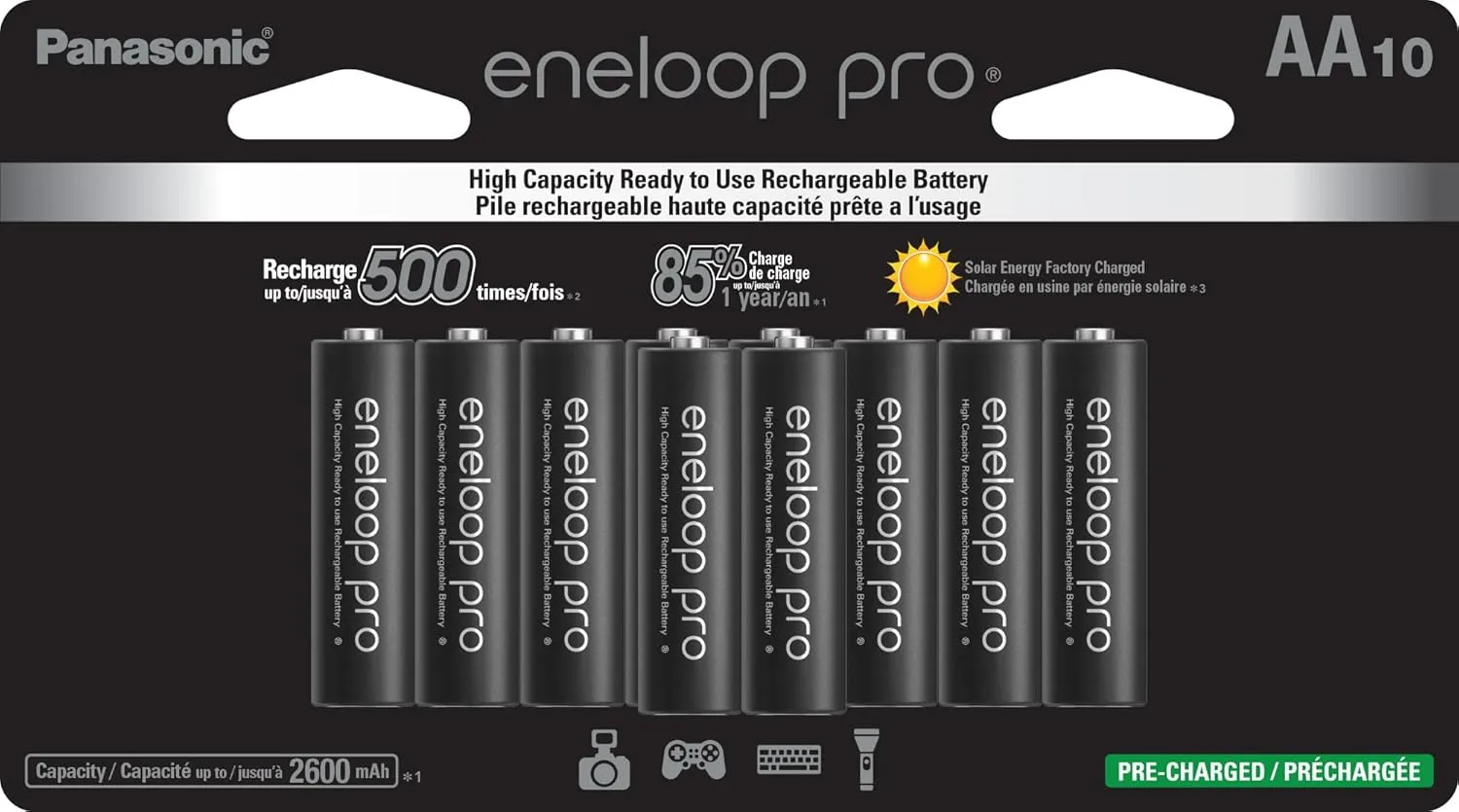 Eneloop Panasonic BK-3HCCA10FA pro AA High-Capacity Ni-MH Pre-Charged Rechargeable Batteries, 10-Battery Pack