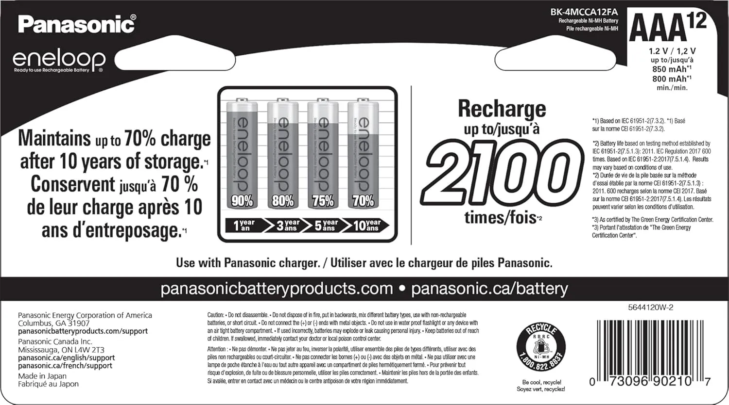 Eneloop Panasonic BK-4MCCA12FA AAA 2100 Cycle Ni-MH Pre-Charged Rechargeable Batteries, 12-Battery Pack