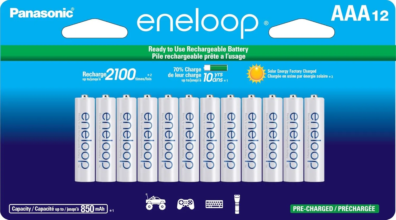 Eneloop Panasonic BK-4MCCA12FA AAA 2100 Cycle Ni-MH Pre-Charged Rechargeable Batteries, 12-Battery Pack