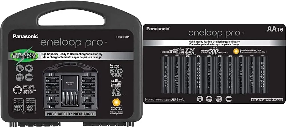 Eneloop Panasonic K-KJ55KHC82A pro High Capacity Rechargeable Batteries Power Pack 8AA, 2AAA & Panasonic BK-3HCCA16FA pro AA High Capacity Ni-MH Pre-Charged Rechargeable Batteries, 16 Pack