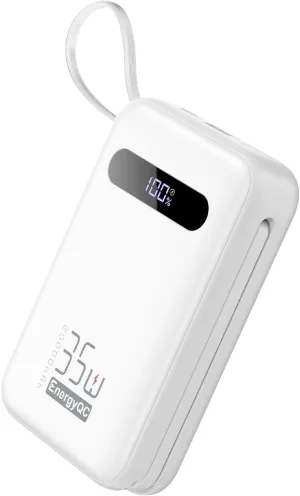 EnergyQC Power Bank, 20,000mAh 35W PD 3.0 QC 4.0 Fast Charging Portable Charger with Built-in Lightning & USB-C in&Out Cables, Battery Pack for iPhone 16/15/14 Series, Galaxy, iPad, AirPods, White