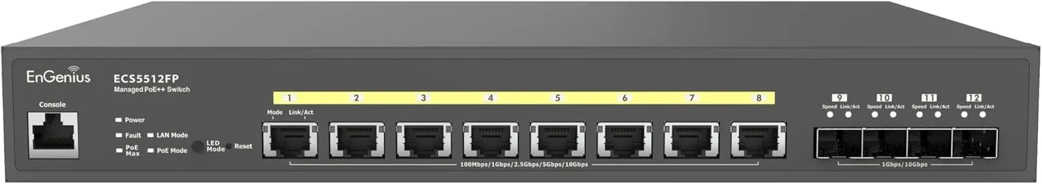 EnGenius Cloud 10 Gigabit ECS5512FP 8-Port PoE   Switch with 420W Budget, 4 SFP  Uplink Ports