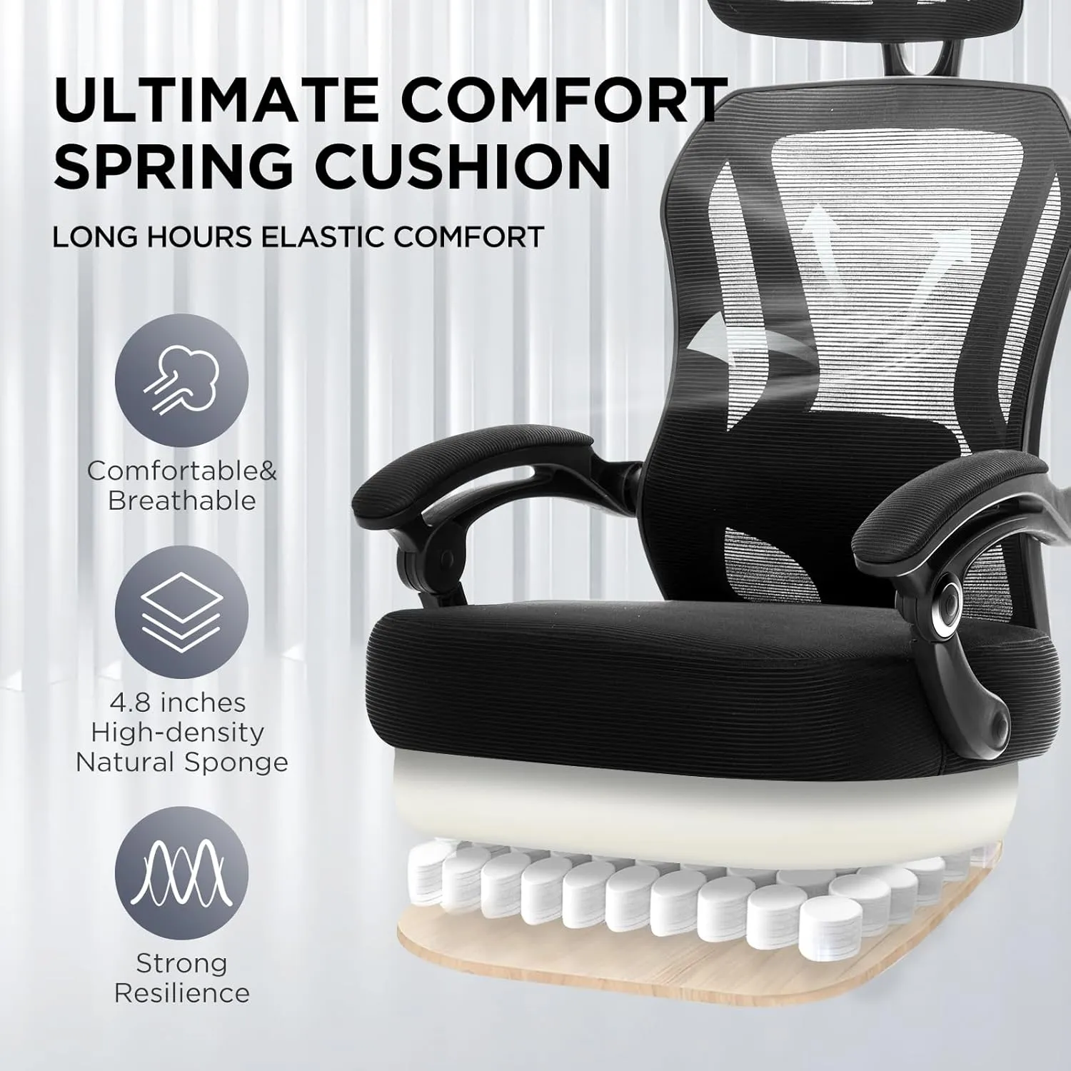 Ergonomic Office Chair with Footrest,Ultra Thick Reclining Office Desk Chair with Adjustable 2D Lumbar Support and Headrest,Spring Cushion,High Back Premium Mesh Computer Chair Office Chairs,Black