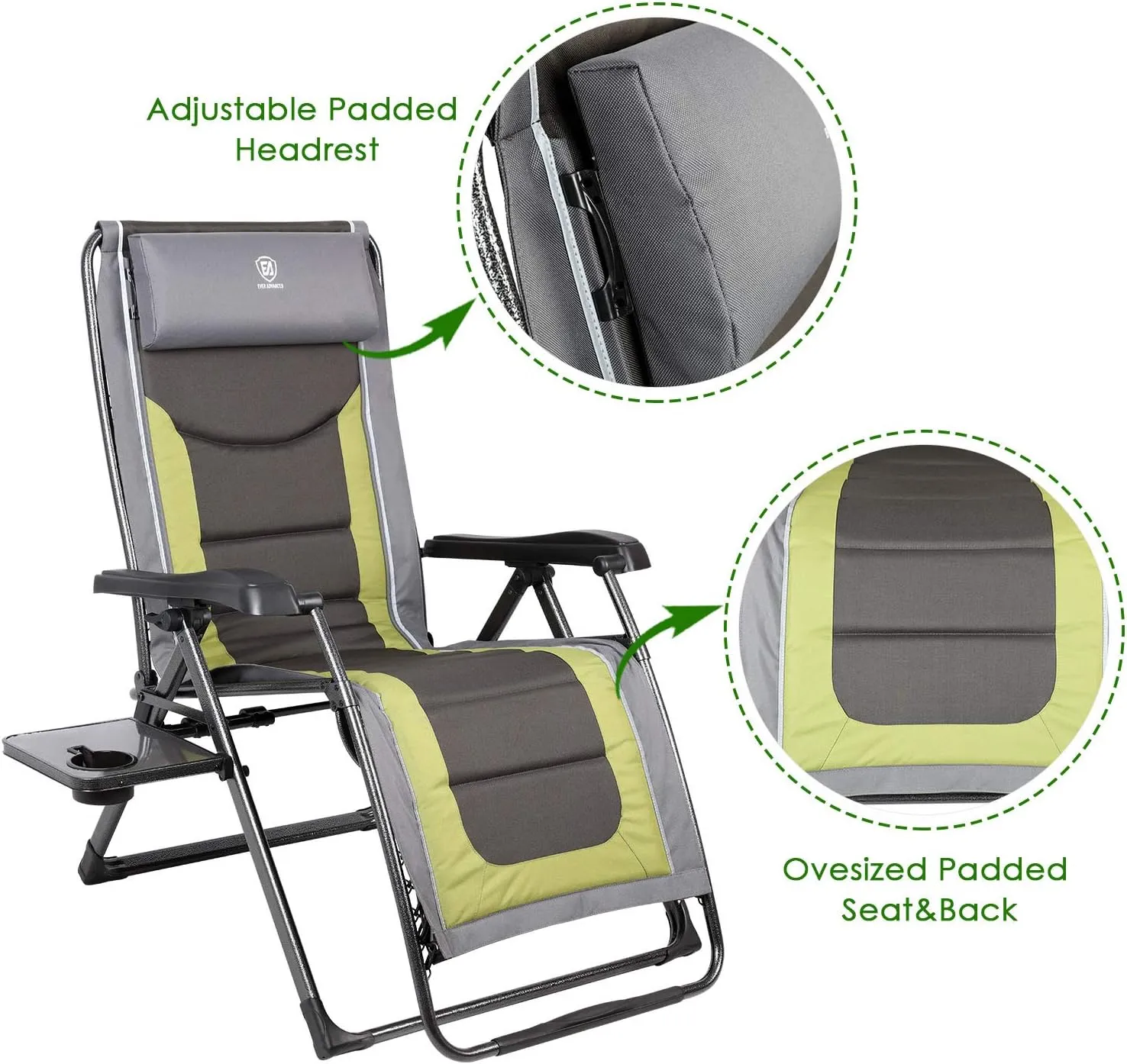 EVER ADVANCED Oversize XL Zero Gravity Recliner Padded Patio Lounger Chair with Adjustable Headrest Support 350lbs (Olive Green)