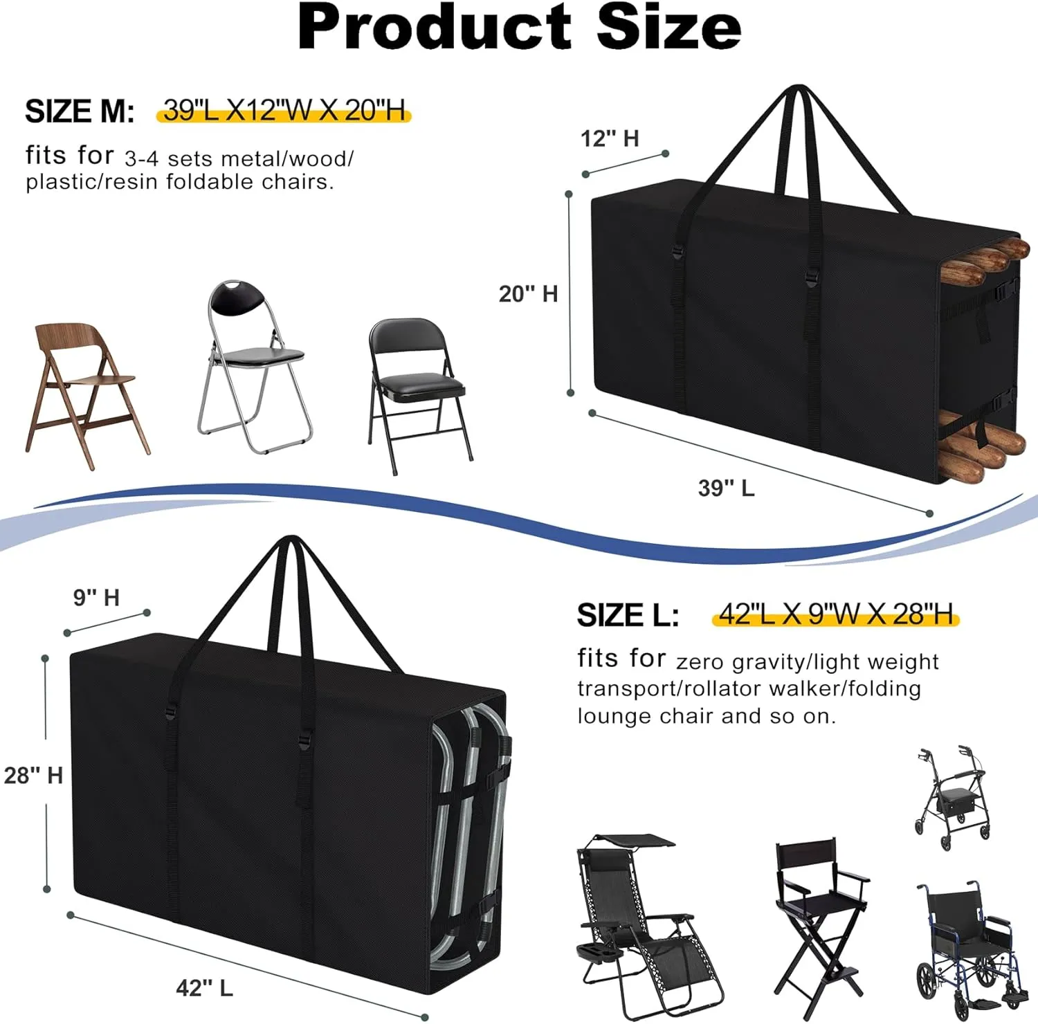 Explore Land 2-in-1 Folding Chair Storage Bag - 900D Furniture Cover for Lounge Zero Gravity Light Weight Transport Folding Rollator Walker(42" L x 9" W x 28" H, Black)