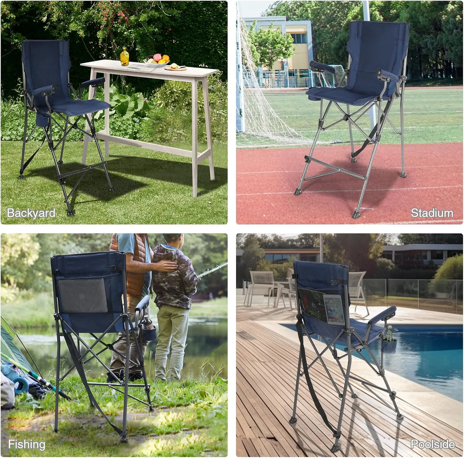 Extra Tall Folding Chairs for Adults 330lbs, Portable Bar Height Foldable Director Chairs for Camping Outside, Comfortable with High Back and Footrest, Navy Blue