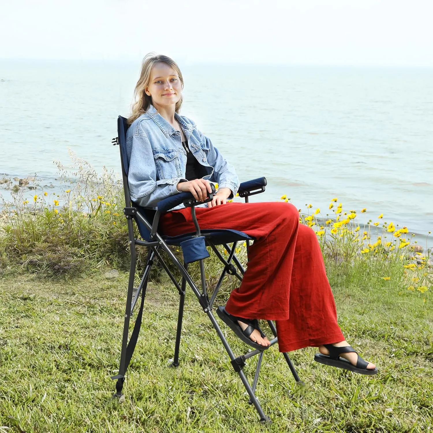 Extra Tall Folding Chairs for Adults 330lbs, Portable Bar Height Foldable Director Chairs for Camping Outside, Comfortable with High Back and Footrest, Navy Blue