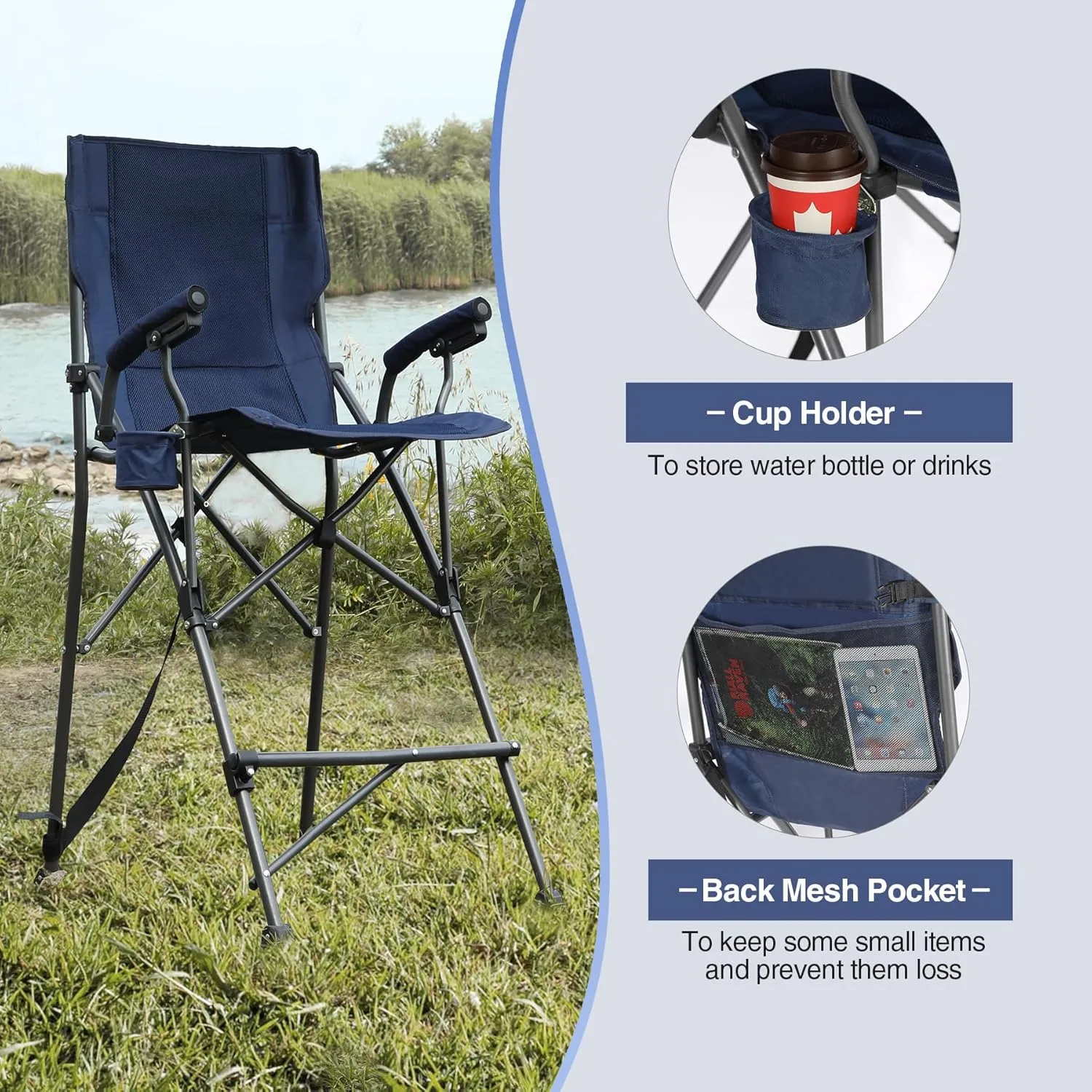 Extra Tall Folding Chairs for Adults 330lbs, Portable Bar Height Foldable Director Chairs for Camping Outside, Comfortable with High Back and Footrest, Navy Blue