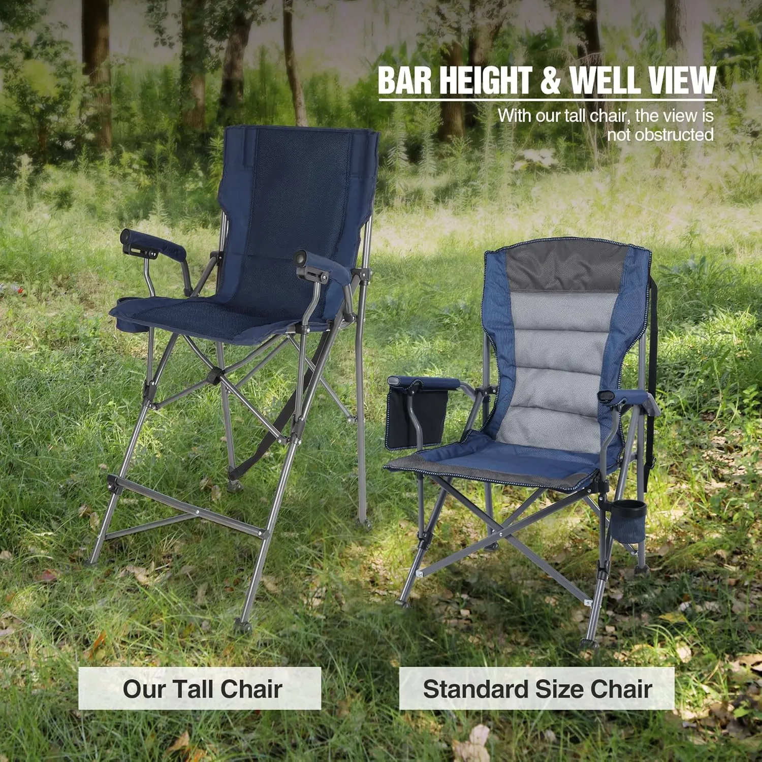Extra Tall Folding Chairs for Adults 330lbs, Portable Bar Height Foldable Director Chairs for Camping Outside, Comfortable with High Back and Footrest, Navy Blue