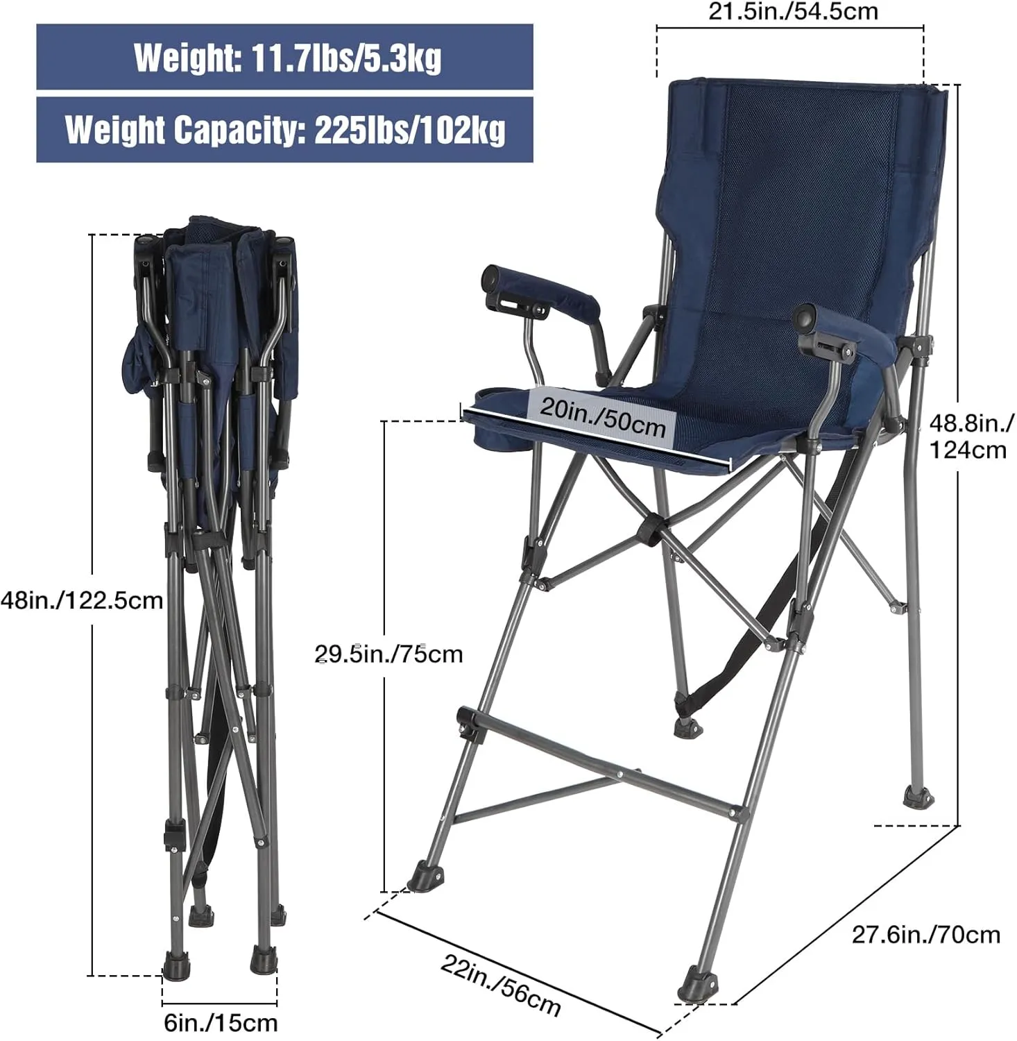 Extra Tall Folding Chairs for Adults 330lbs, Portable Bar Height Foldable Director Chairs for Camping Outside, Comfortable with High Back and Footrest, Navy Blue