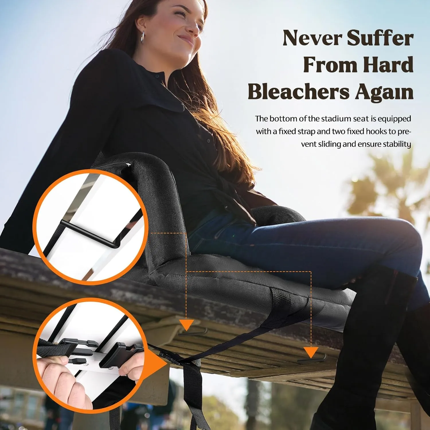Extra Wide Stadium Seats with Back Support, 2 Pack Bleacher Chairs with Back and Cushion, 6 Reclining Positions, Stadium Chair Bleacher Seat with Armrests for Sport Events, Camping (Black, 25")