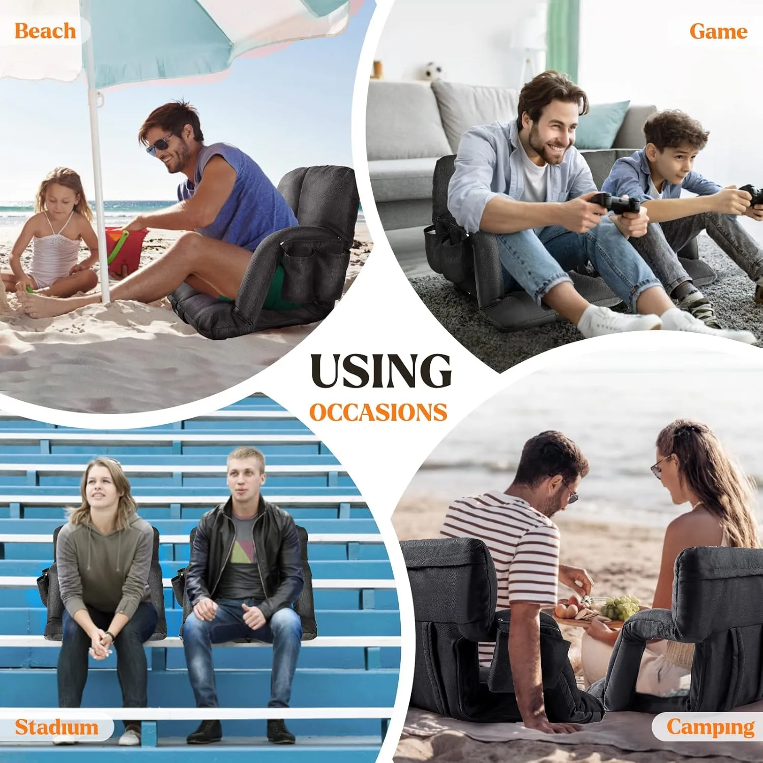 Extra Wide Stadium Seats with Back Support, 2 Pack Bleacher Chairs with Back and Cushion, 6 Reclining Positions, Stadium Chair Bleacher Seat with Armrests for Sport Events, Camping (Black, 25")