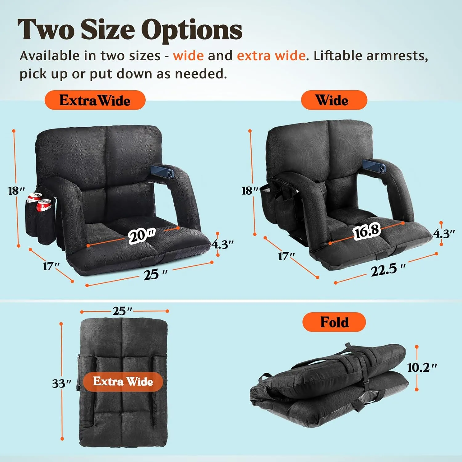 Extra Wide Stadium Seats with Back Support, 2 Pack Bleacher Chairs with Back and Cushion, 6 Reclining Positions, Stadium Chair Bleacher Seat with Armrests for Sport Events, Camping (Black, 25")