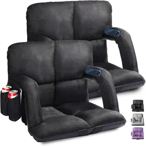 Extra Wide Stadium Seats with Back Support, 2 Pack Bleacher Chairs with Back and Cushion, 6 Reclining Positions, Stadium Chair Bleacher Seat with Armrests for Sport Events, Camping (Black, 25")