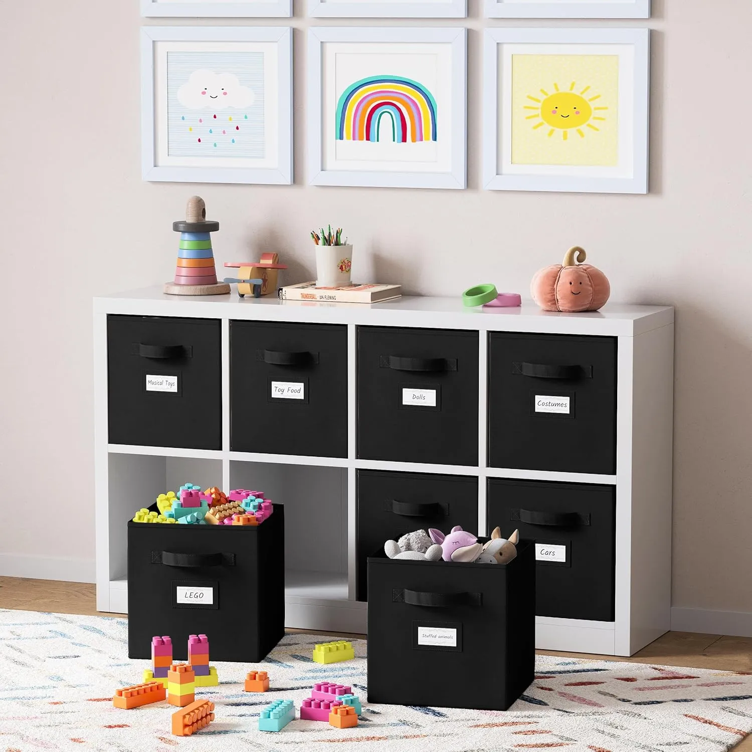Fabric Storage Cubes for Cube Storage Organizer - 8 Pack Heavy Duty Storage Bins With Labels - 11 Inch Cube Storage Bin (Black)