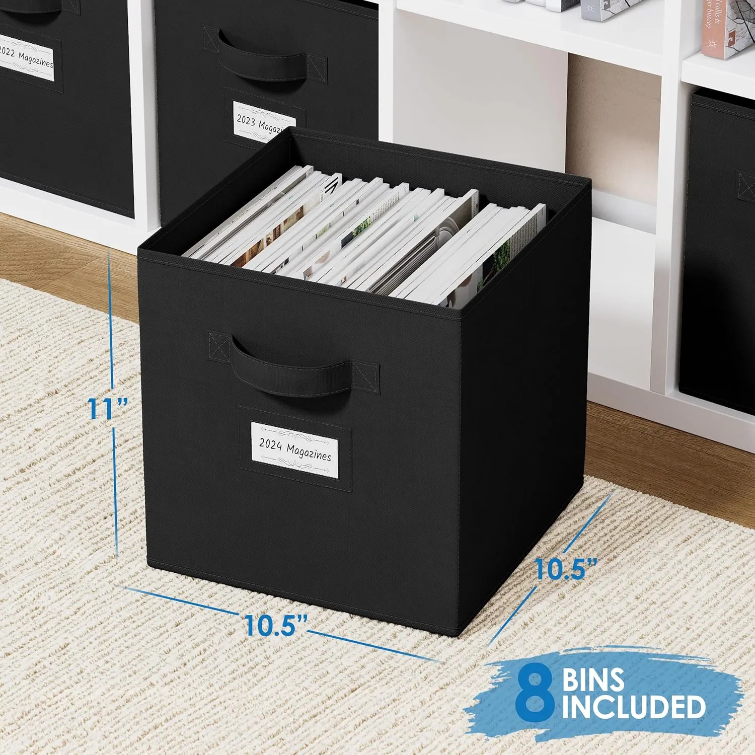 Fabric Storage Cubes for Cube Storage Organizer - 8 Pack Heavy Duty Storage Bins With Labels - 11 Inch Cube Storage Bin (Black)