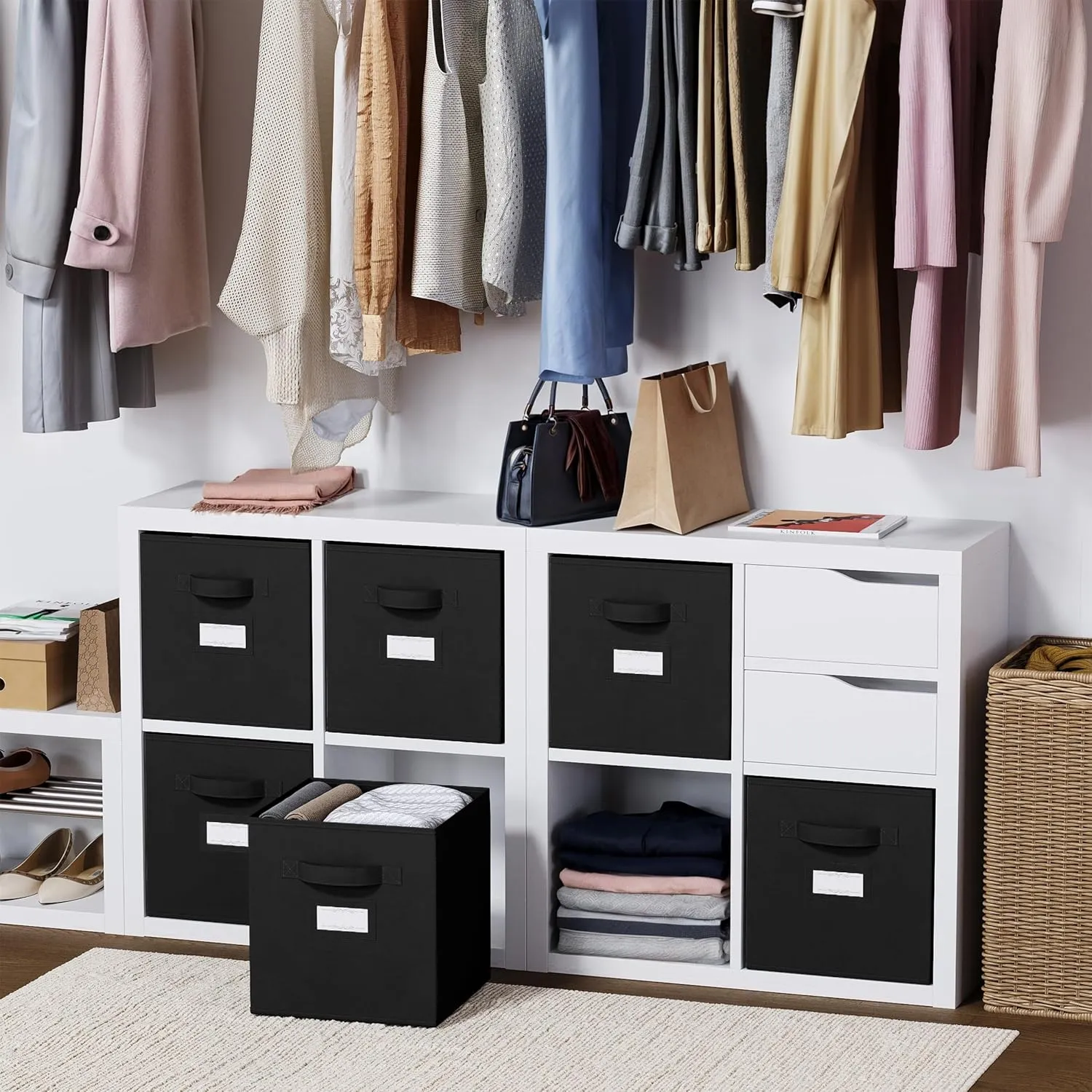 Fabric Storage Cubes for Cube Storage Organizer - 8 Pack Heavy Duty Storage Bins With Labels - 11 Inch Cube Storage Bin (Black)