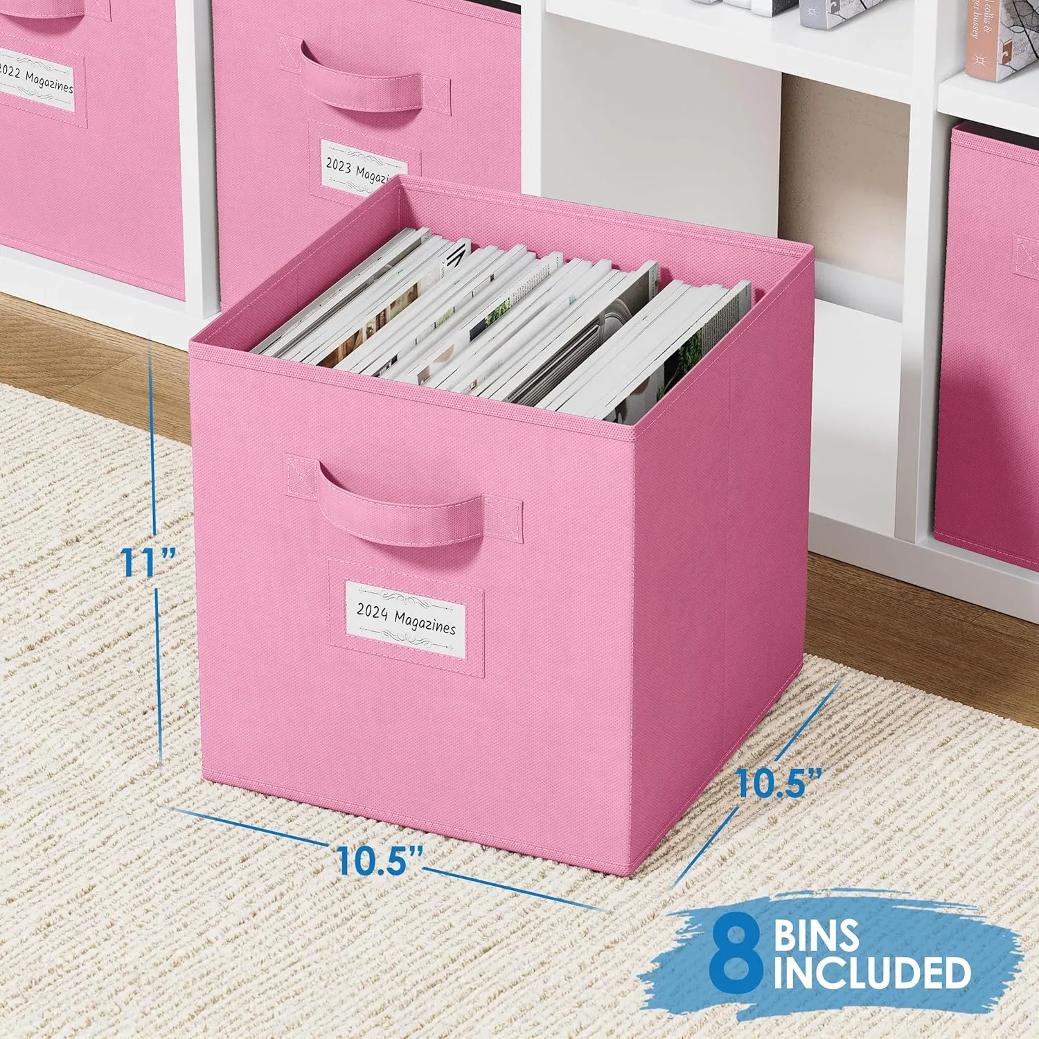 Fabric Storage Cubes for Cube Storage Organizer - 8 Pack Heavy Duty Storage Bins With Labels - 11 Inch Cube Storage Bin (Light Pink)