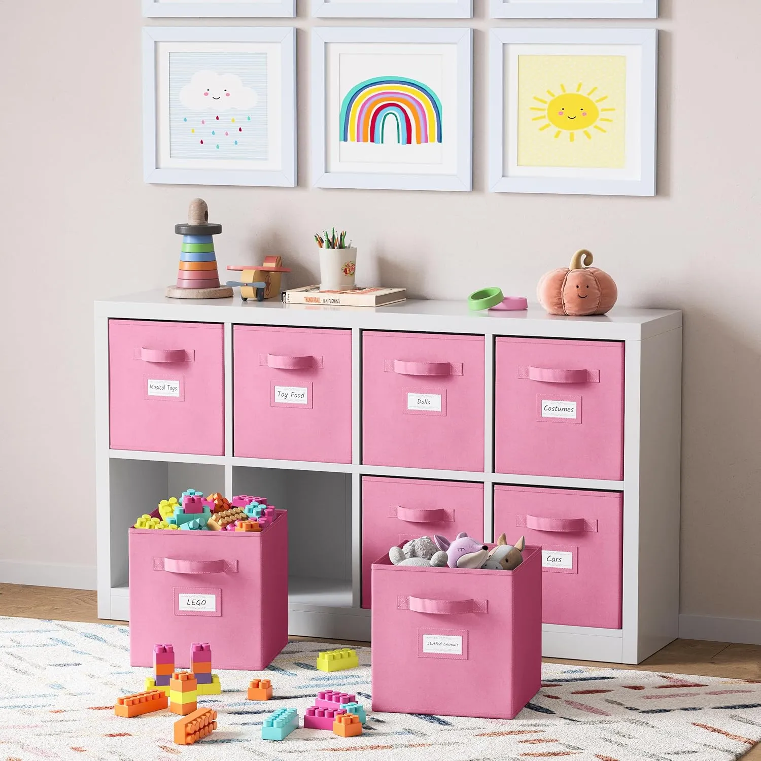 Fabric Storage Cubes for Cube Storage Organizer - 8 Pack Heavy Duty Storage Bins With Labels - 11 Inch Cube Storage Bin (Light Pink)
