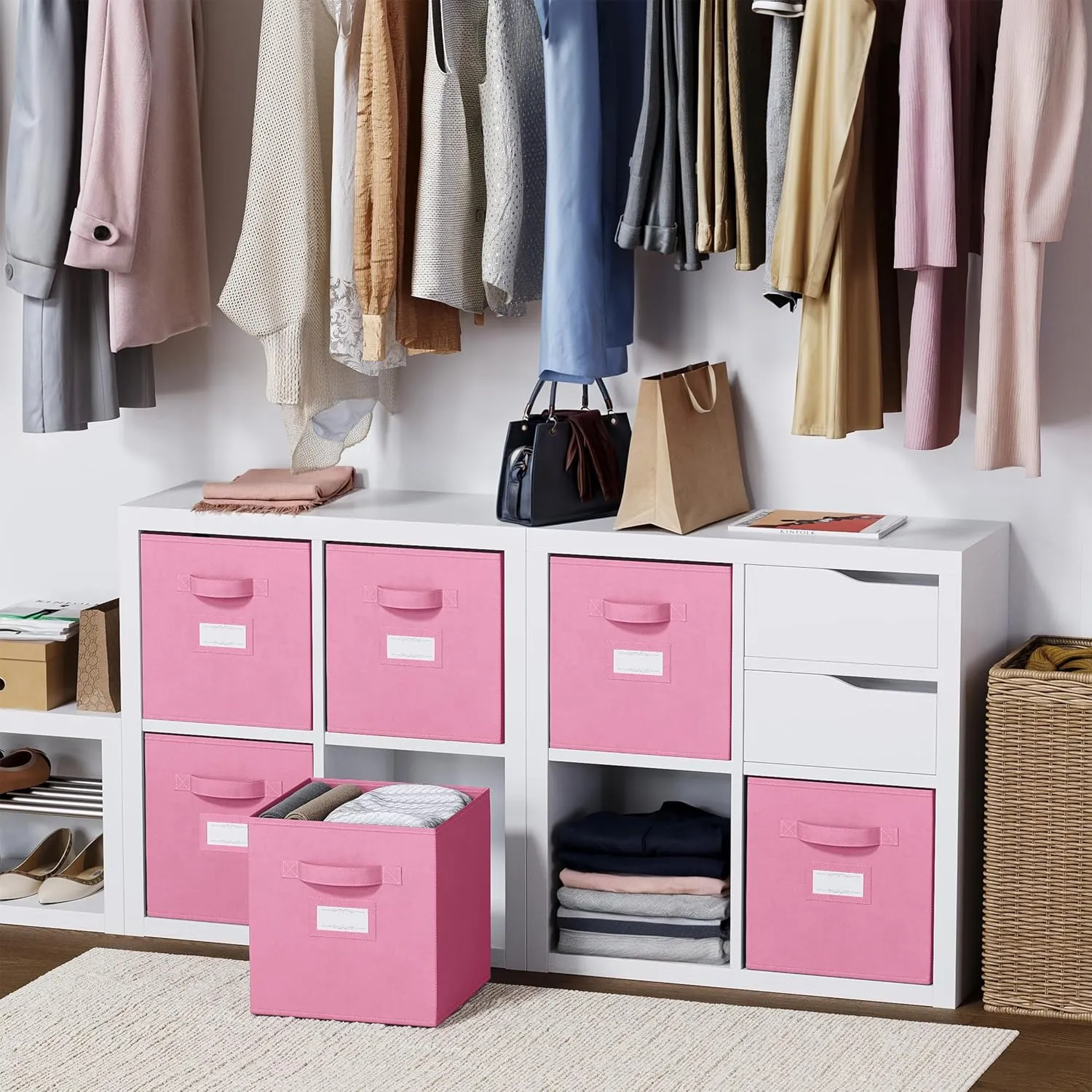 Fabric Storage Cubes for Cube Storage Organizer - 8 Pack Heavy Duty Storage Bins With Labels - 11 Inch Cube Storage Bin (Light Pink)