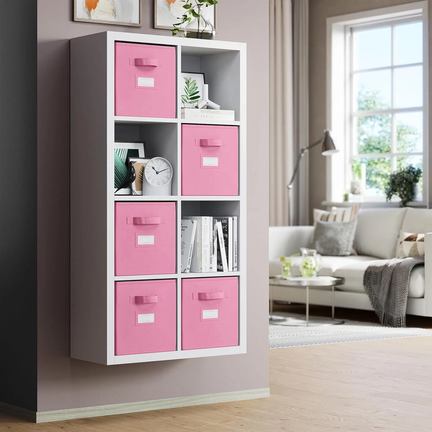 Fabric Storage Cubes for Cube Storage Organizer - 8 Pack Heavy Duty Storage Bins With Labels - 11 Inch Cube Storage Bin (Light Pink)