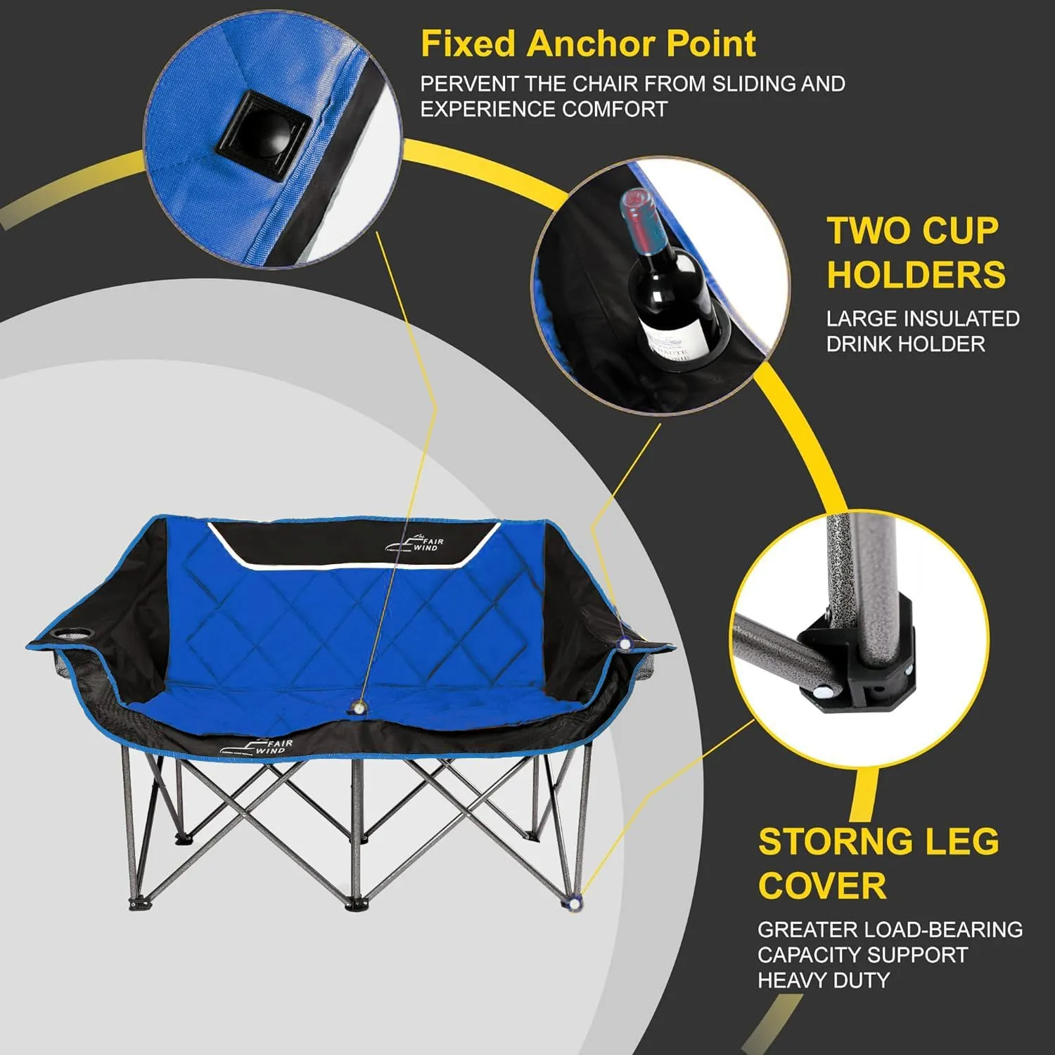 FAIR WIND Oversized Fully Padded Camping Chair Folding Loveseat Camping Couch Double Duo Chair Heavy Duty Quad Fold Chair Arm Chair with Cup Hold - Supports 650 LBS Navy