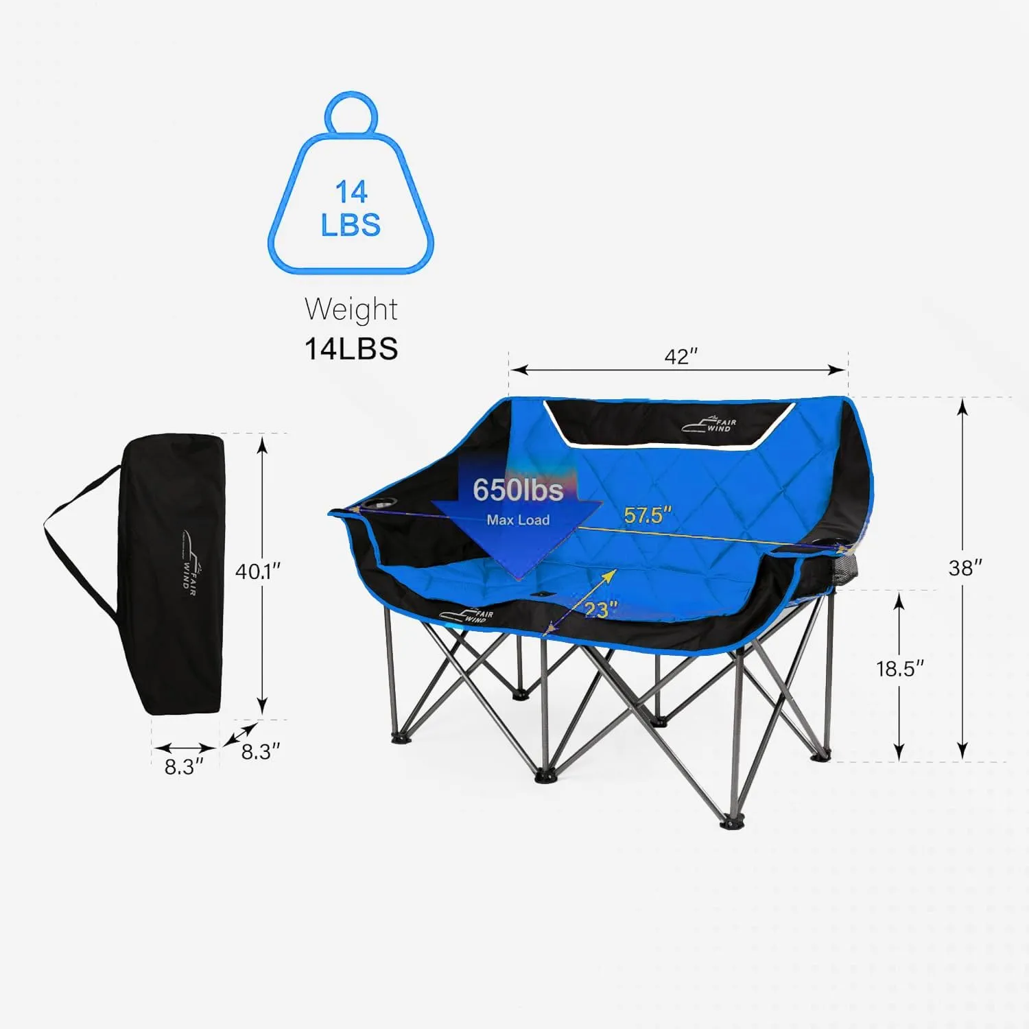FAIR WIND Oversized Fully Padded Camping Chair Folding Loveseat Camping Couch Double Duo Chair Heavy Duty Quad Fold Chair Arm Chair with Cup Hold - Supports 650 LBS Navy