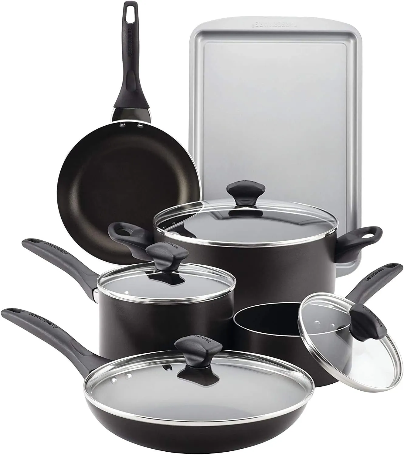 Farberware Dishwasher Safe Nonstick Cookware Pots and Pans Set, 15 Piece, Black,21806