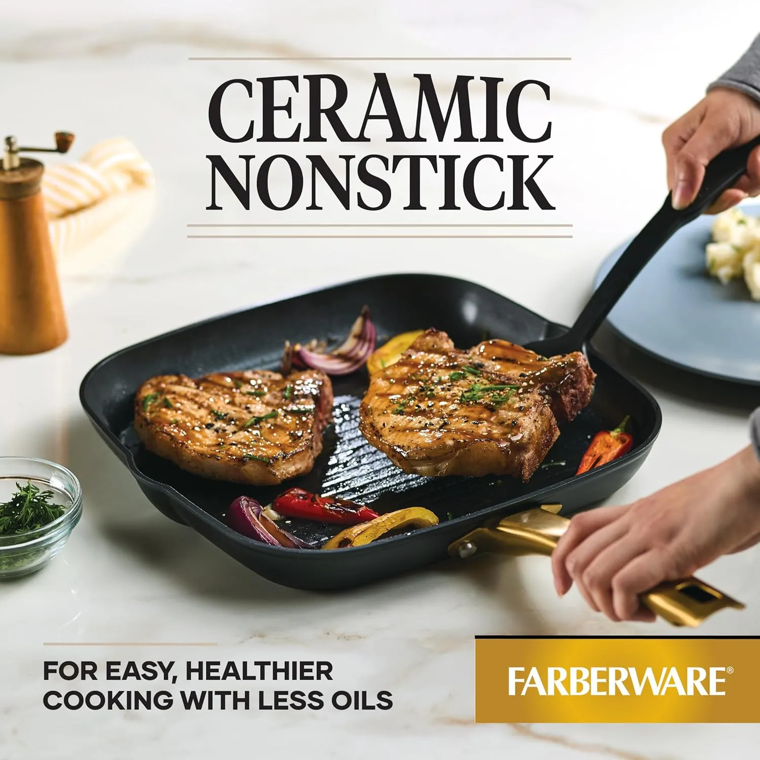 Farberware Forged Induction Ceramic Cookware Nonstick Square Grill Pan/Griddle Pan, Dishwasher Safe, Suitable for All Stovetops, 11 Inch - Black and Gold