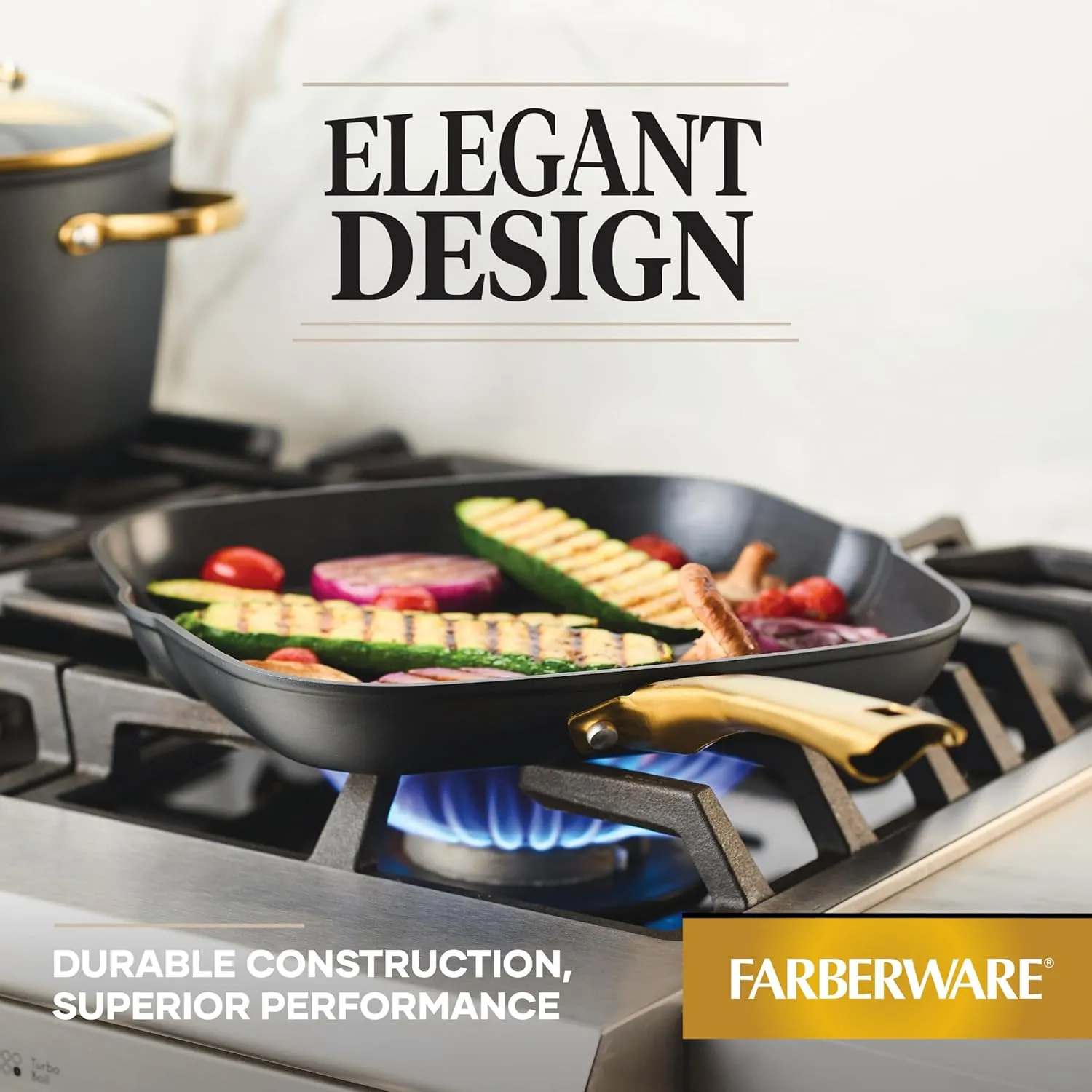 Farberware Forged Induction Ceramic Cookware Nonstick Square Grill Pan/Griddle Pan, Dishwasher Safe, Suitable for All Stovetops, 11 Inch - Black and Gold