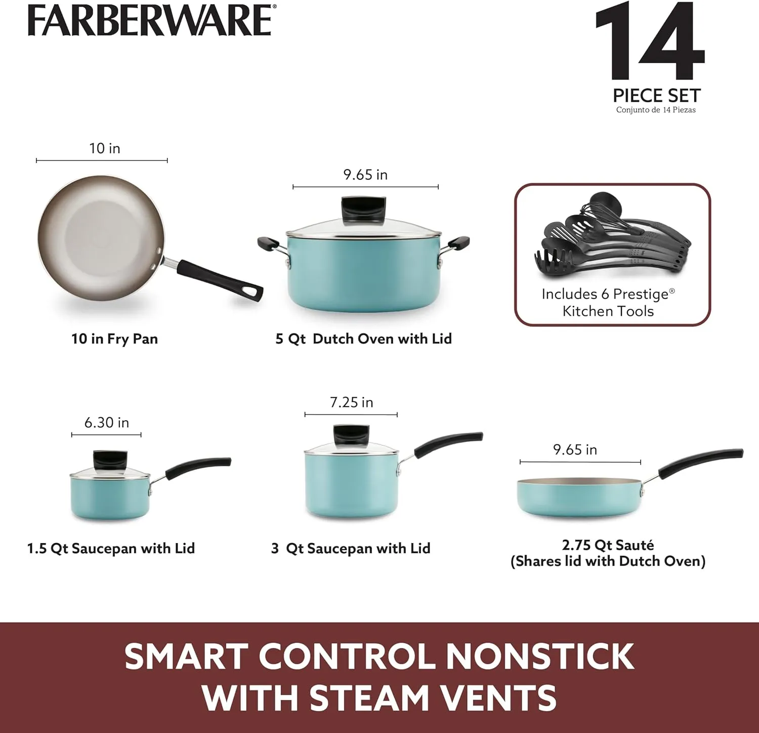 Farberware Smart Control Nonstick Cookware Pots and Pans Set, 14 Piece, Aqua