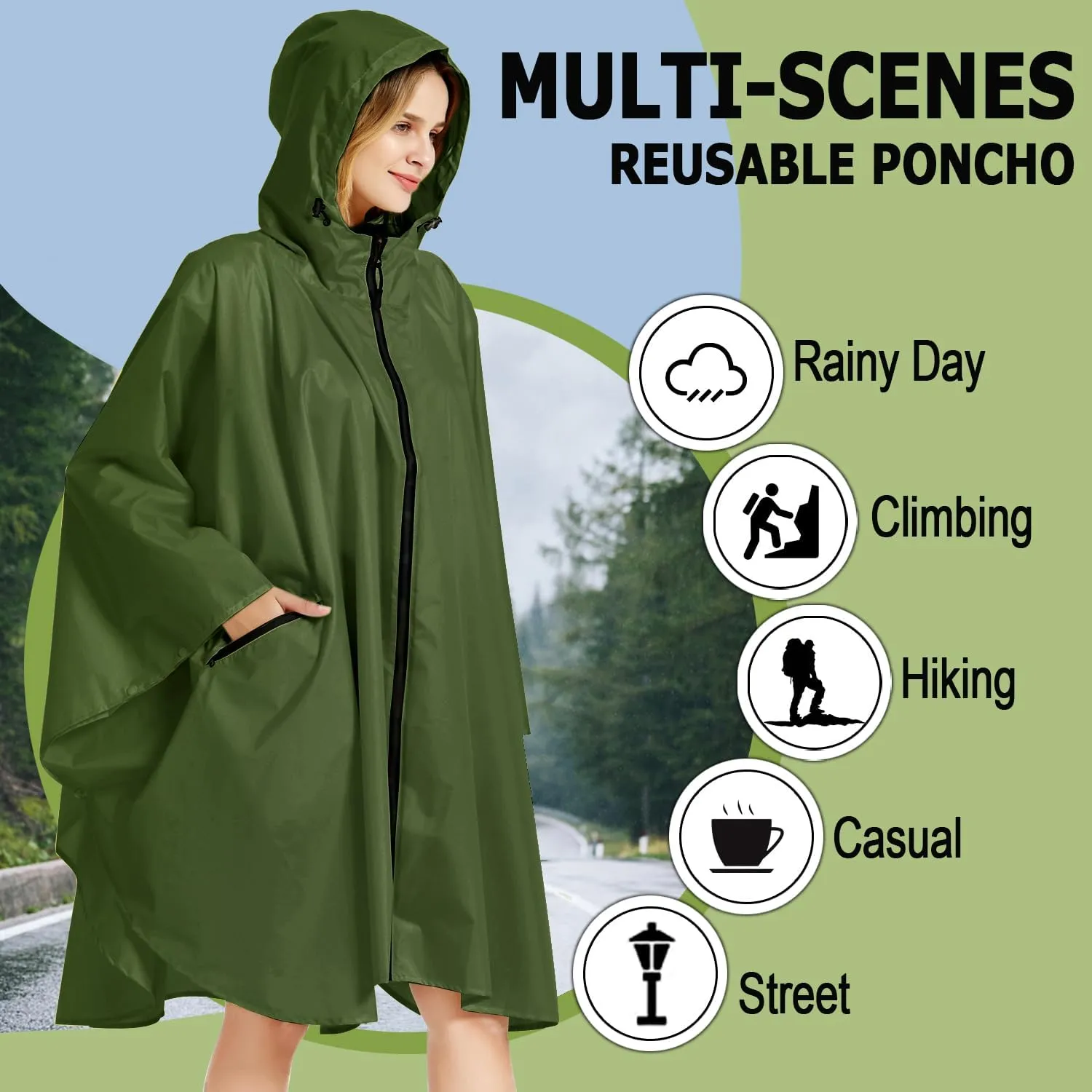Fashion Hooded Rain Poncho Waterproof Raincoat Jacket with pocket for Women/Men/Adult