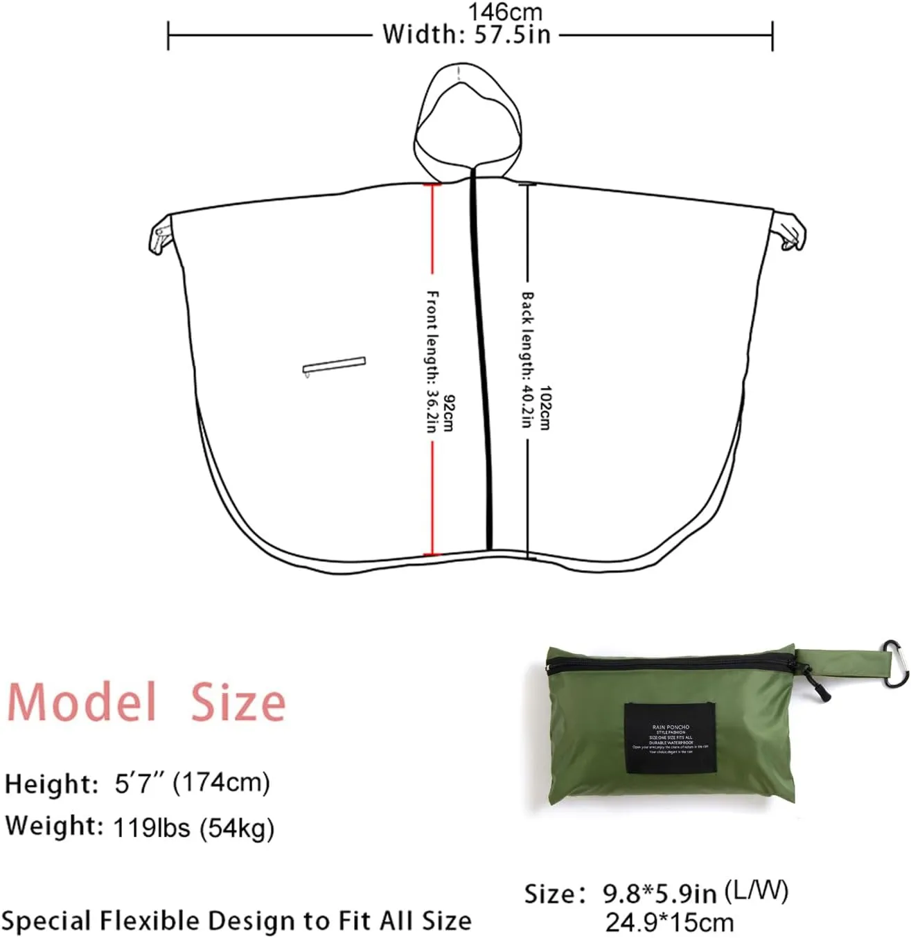 Fashion Hooded Rain Poncho Waterproof Raincoat Jacket with pocket for Women/Men/Adult