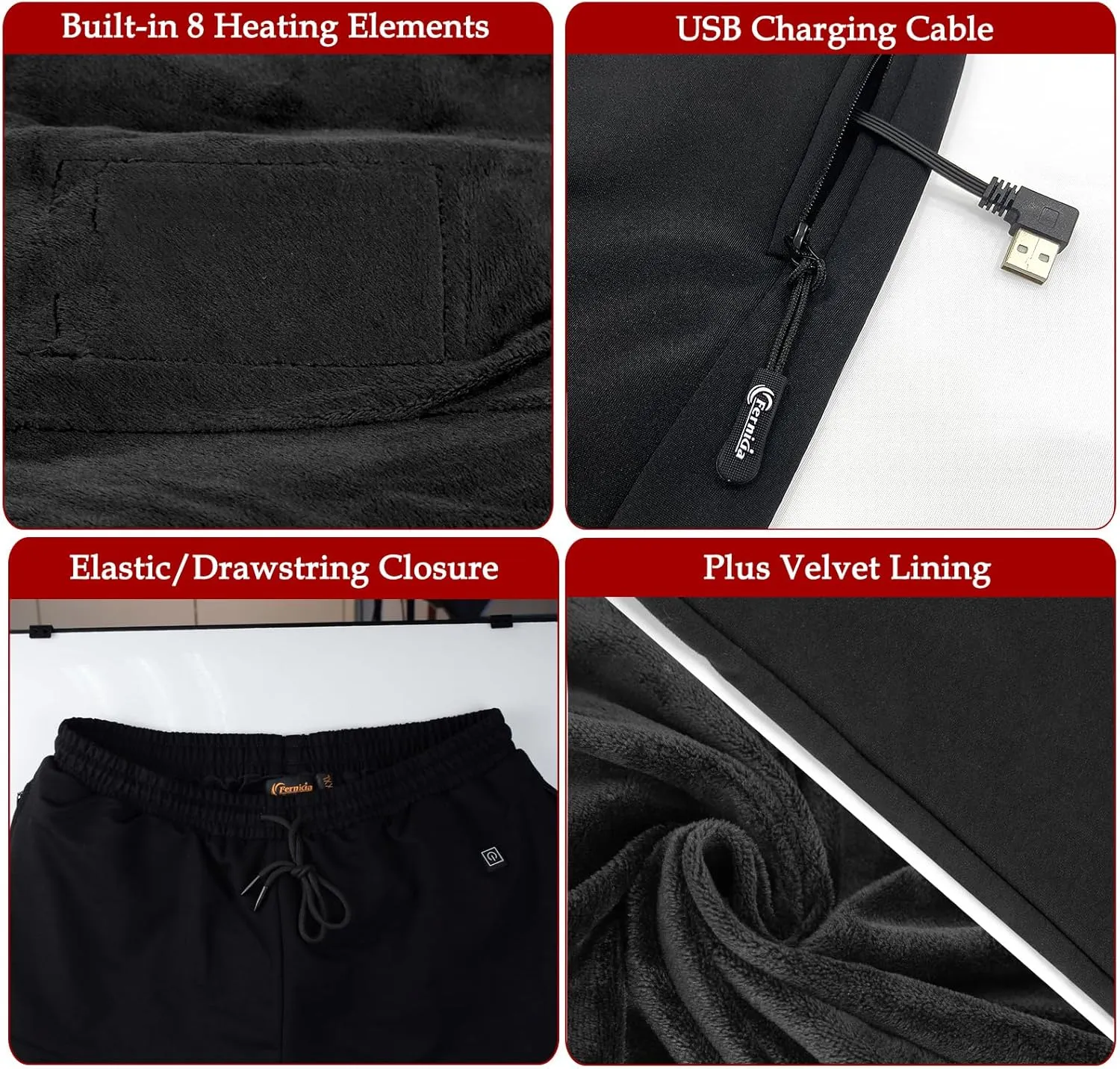 FERNIDA Heated Pants for Men Women, Thick Electric 5V USB 8 Zones Heating Trousers Winter Outdoor Warm (Battery Not Included)