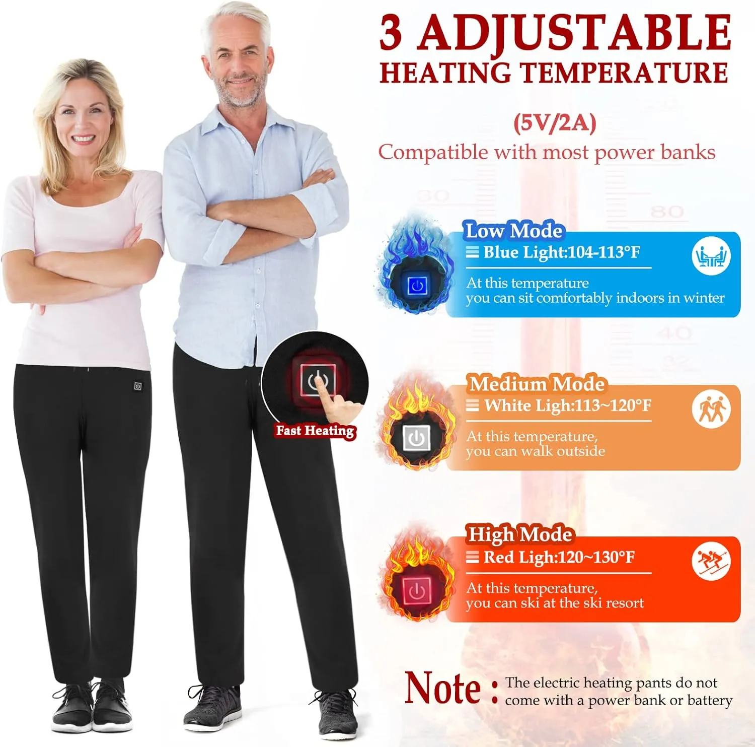 FERNIDA Heated Pants for Men Women, Thick Electric 5V USB 8 Zones Heating Trousers Winter Outdoor Warm (Battery Not Included)