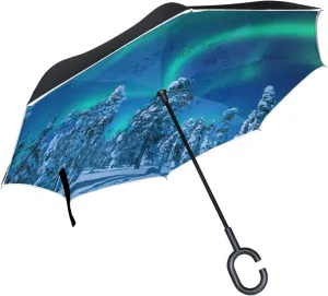 Finland Winter Snow Northern Lights Reverse Inverted Inside Out Umbrella Cars Unigue Windproof UV Proof Double Layer for Women