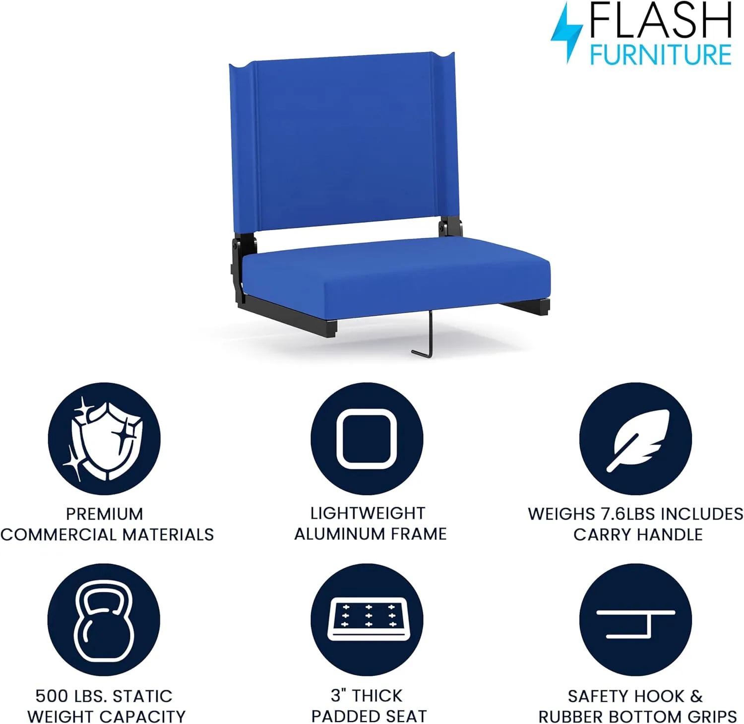 Flash Furniture Grandstand Portable Stadium Seat for Bleachers or Benches, Folding Padded Stadium Chair with Carrying Handle, 500 lb. Weight Capacity, Blue