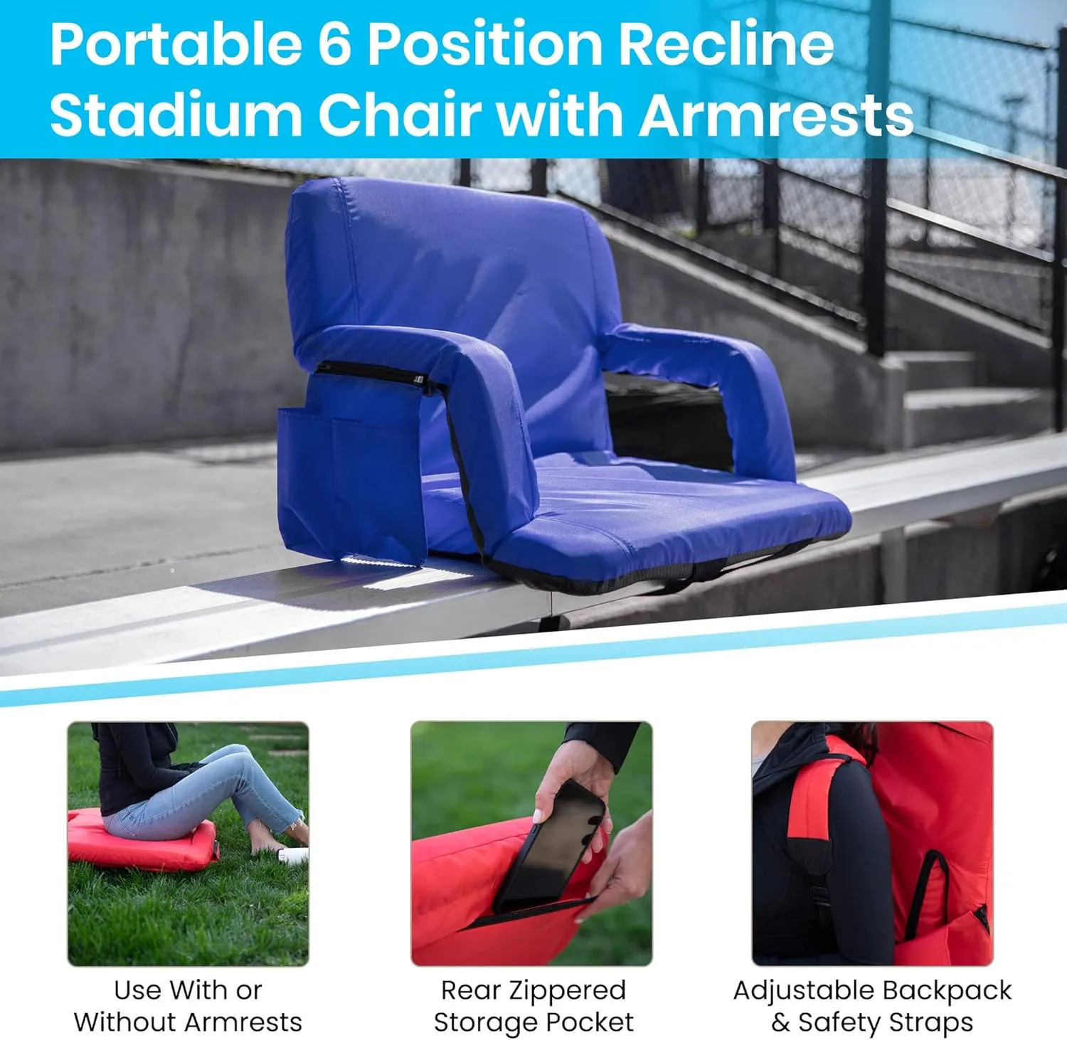 Flash Furniture Malta Portable Stadium Seats for Bleachers or Benches, Padded Stadium Chairs with Backpack Straps and Storage, Pack of 2, 265 lb. Weight Capacity, Blue