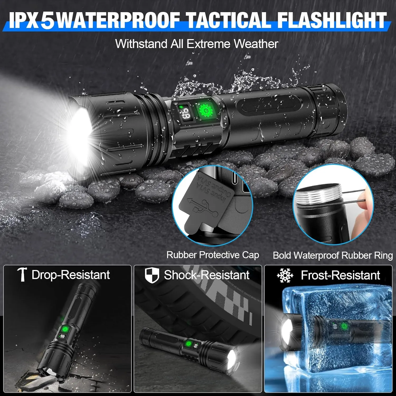 Flashlights High Lumens Rechargeable - 2 Pack Super Bright Powerful LED Flashlight with 5 Modes Waterproof Handheld Flash Light for Home,Camping,Car, Zoomable,Power Display (2Pack Black)