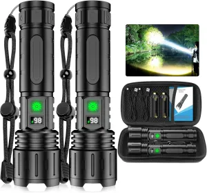 Flashlights High Lumens Rechargeable - 2 Pack Super Bright Powerful LED Flashlight with 5 Modes Waterproof Handheld Flash Light for Home,Camping,Car, Zoomable,Power Display (2Pack Black)