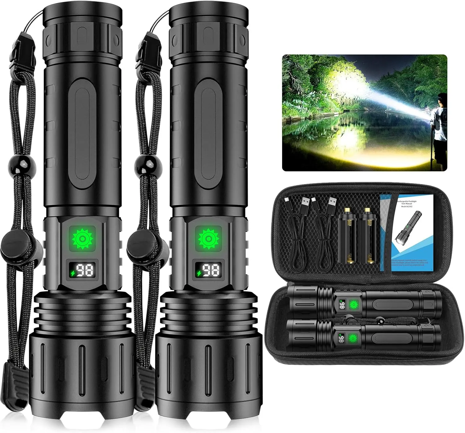 Flashlights High Lumens Rechargeable - 2 Pack Super Bright Powerful LED Flashlight with 5 Modes Waterproof Handheld Flash Light for Home,Camping,Car, Zoomable,Power Display (2Pack Black)