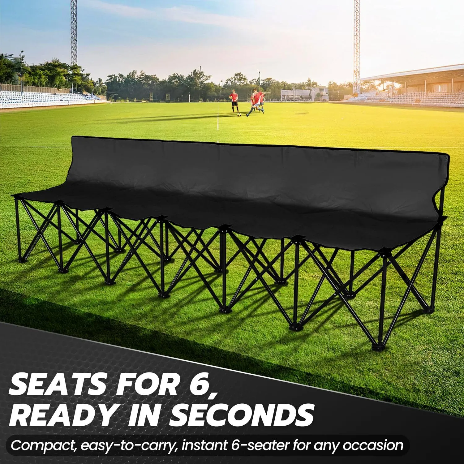 Flexzion Portable Folding Bench Seat, 6 Seater, Collapsible Soccer Bench, Portable Bench Seats for Bleachers, Camping, Sideline, with Back Rest and Carrying Bag, Black