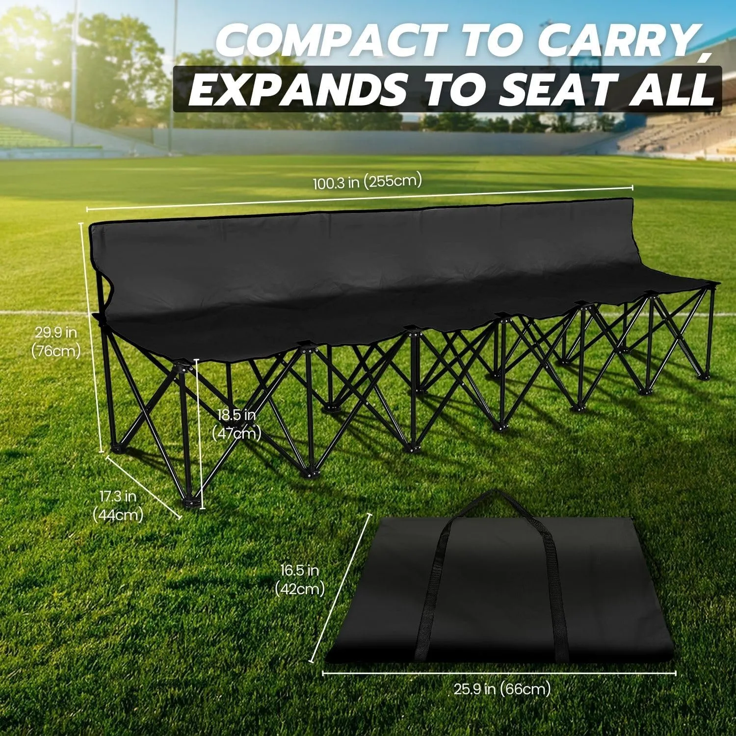 Flexzion Portable Folding Bench Seat, 6 Seater, Collapsible Soccer Bench, Portable Bench Seats for Bleachers, Camping, Sideline, with Back Rest and Carrying Bag, Black