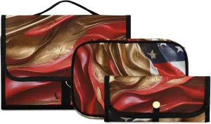 Foldable Hanging Travel Toiletry Organizer Set 3-Piece with Cosmetic Bag & Brush Holder - American Flag Marble Gold Red