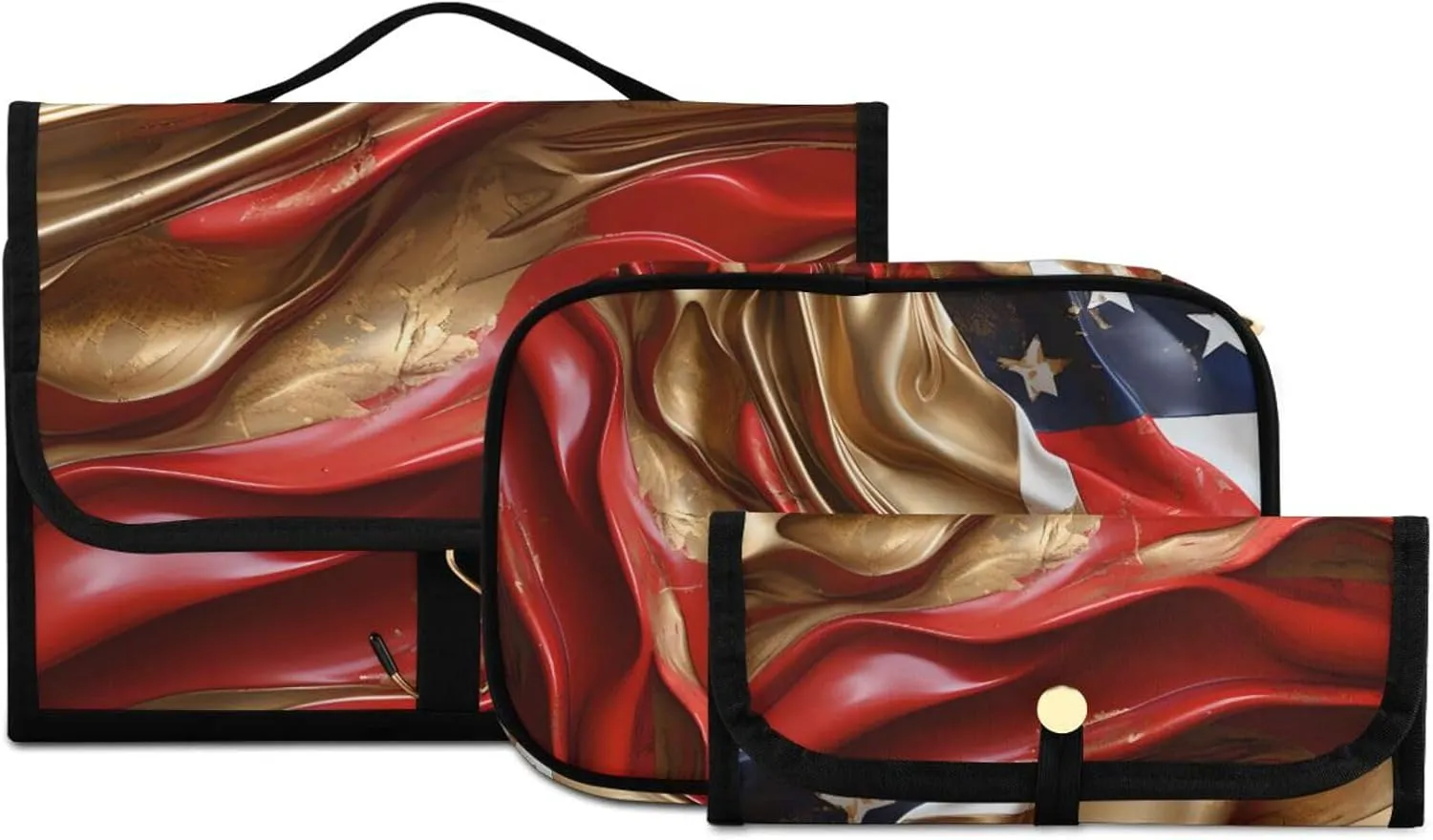 Foldable Hanging Travel Toiletry Organizer Set 3-Piece with Cosmetic Bag & Brush Holder - American Flag Marble Gold Red