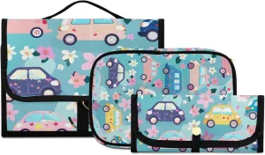 Foldable Hanging Travel Toiletry Organizer Set 3-Piece with Cosmetic Bag & Brush Holder - Cartoon Car Pattern (7)
