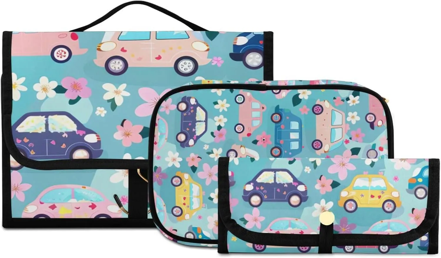 Foldable Hanging Travel Toiletry Organizer Set 3-Piece with Cosmetic Bag & Brush Holder - Cartoon Car Pattern (7)