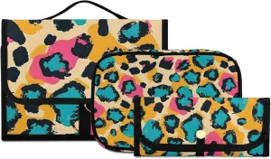 Foldable Hanging Travel Toiletry Organizer Set 3-Piece with Cosmetic Bag & Brush Holder - Cheetah (1)